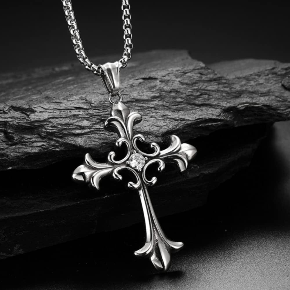 Stainless Steel Cross Pendant Necklace Men'S Lord'S Prayer Necklace Square Chain 22 24 Ihes