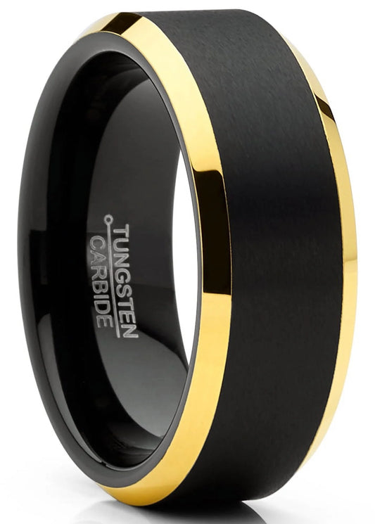 Mens Tungsten Ring Black Goldtone Wedding Band Beveled Edges Comfort-Fit 8MM 9.5