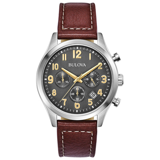 Men'S Chronograph Grey Dial Brown Leather Strap Watch