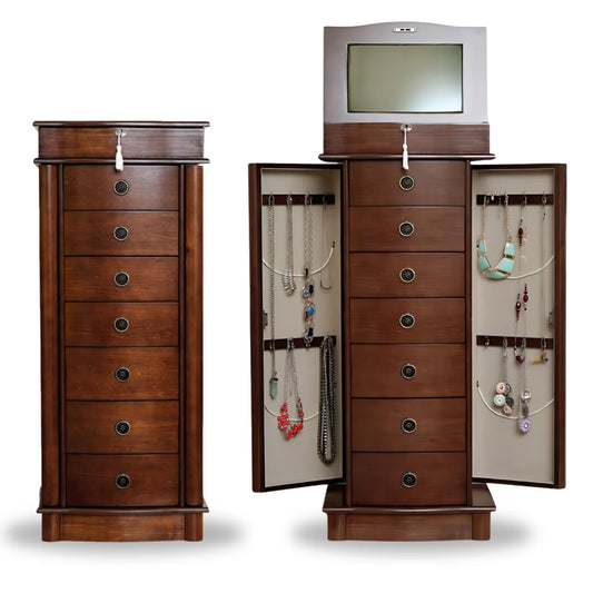 Nora Traditional Jewelry Armoire with Locking Compartment and Ample Storage, Walnut