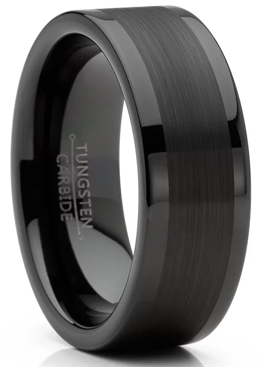 Mens Tungsten Ring Black Wedding Band High-Polish Comfort-Fit 8MM