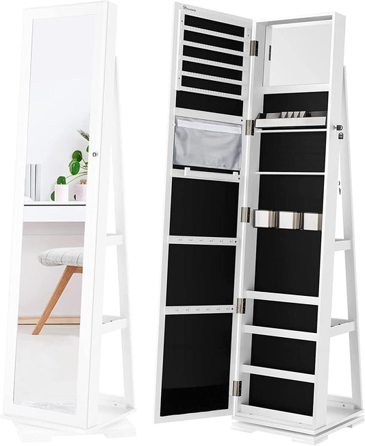 360° Swivel Jewelry Cabinet 3-In-1 Lockable Standing Jewelry Armoire with Full Length Mirror, Large Jewelry Organizer with Rear Storage Shelves, Build-In Makeup Mirror, White