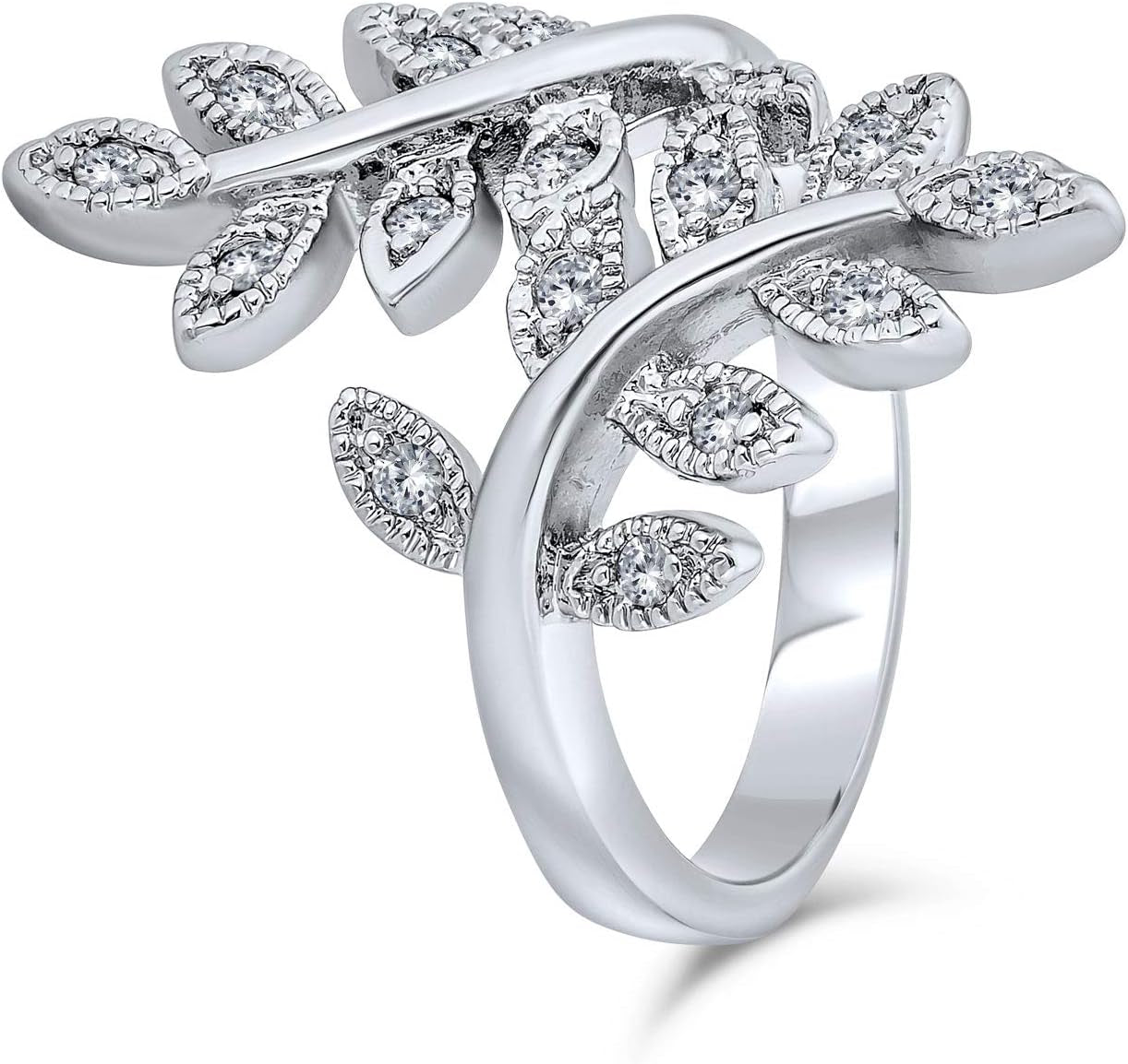 Nature Ivy Vine Leaf Fashion Statement Ring for Women Cubic Zirconia Pave CZ Bypass Silver Plated Brass