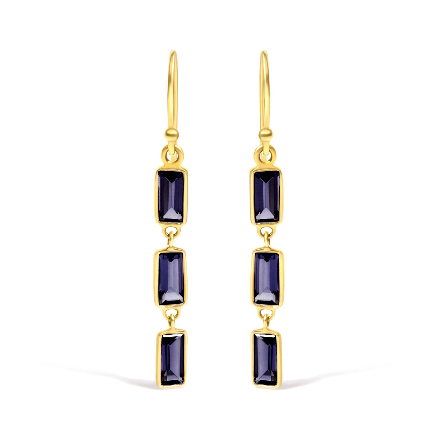 18K Yellow Gold 8x3 MM Bezel Set Purple Baguette Iolite Stiletto 1 1/2 Inch" Dangle Earrings