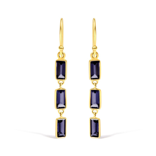 18K Yellow Gold 8x3 MM Bezel Set Purple Baguette Iolite Stiletto 1 1/2 Inch" Dangle Earrings