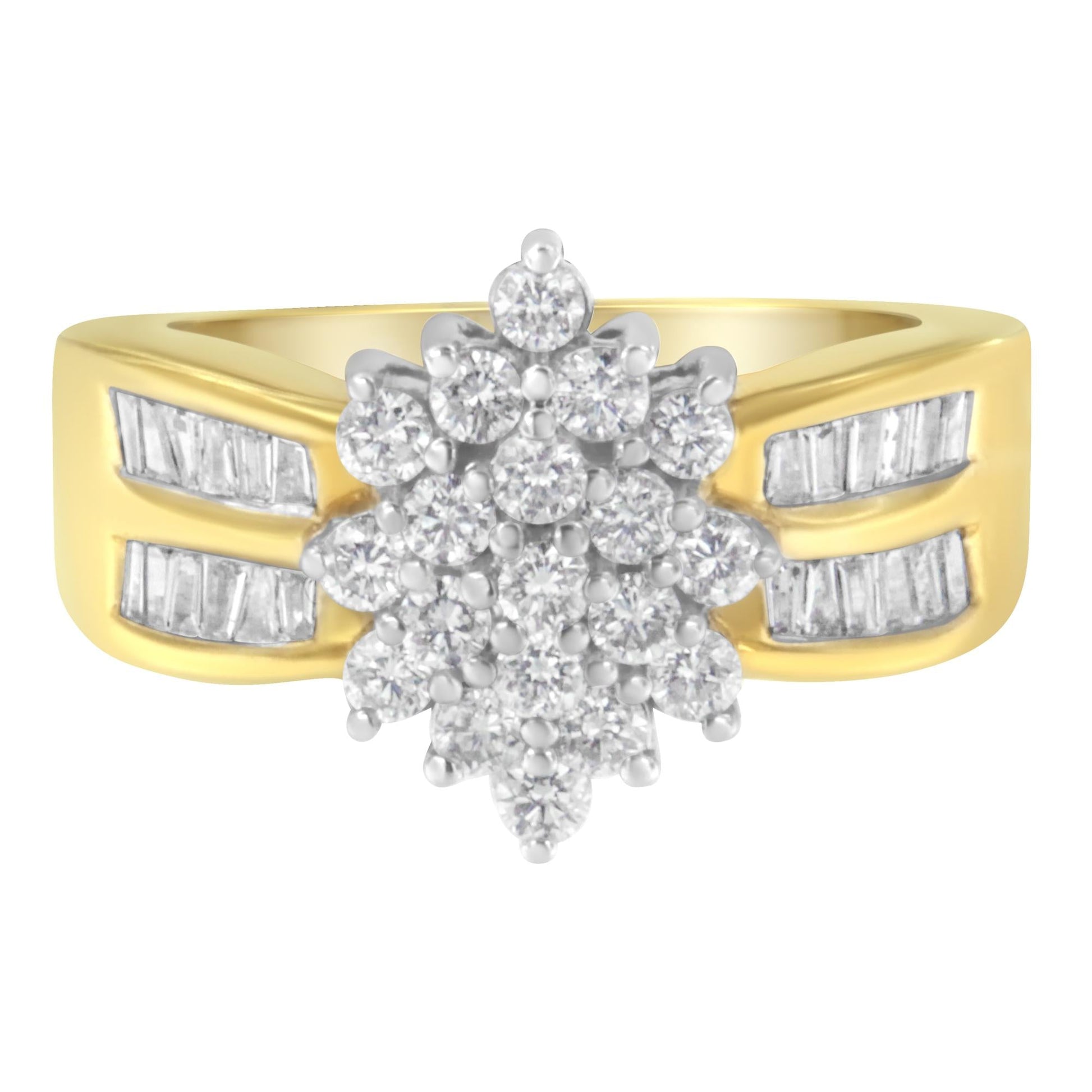 10K Yellow Gold 1.0 Cttw Round & Baguette Cut Diamond Floral Cluster Double-Channel Flared Band Statement Ring (H-I Color, SI2-I1 Clarity)-0