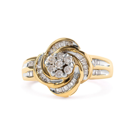 10K Yellow Gold 1/2 Cttw Round and Baguette Diamond Flower Swirl Cocktail Ring (I-J Color, SI2-I1 Clarity)-0