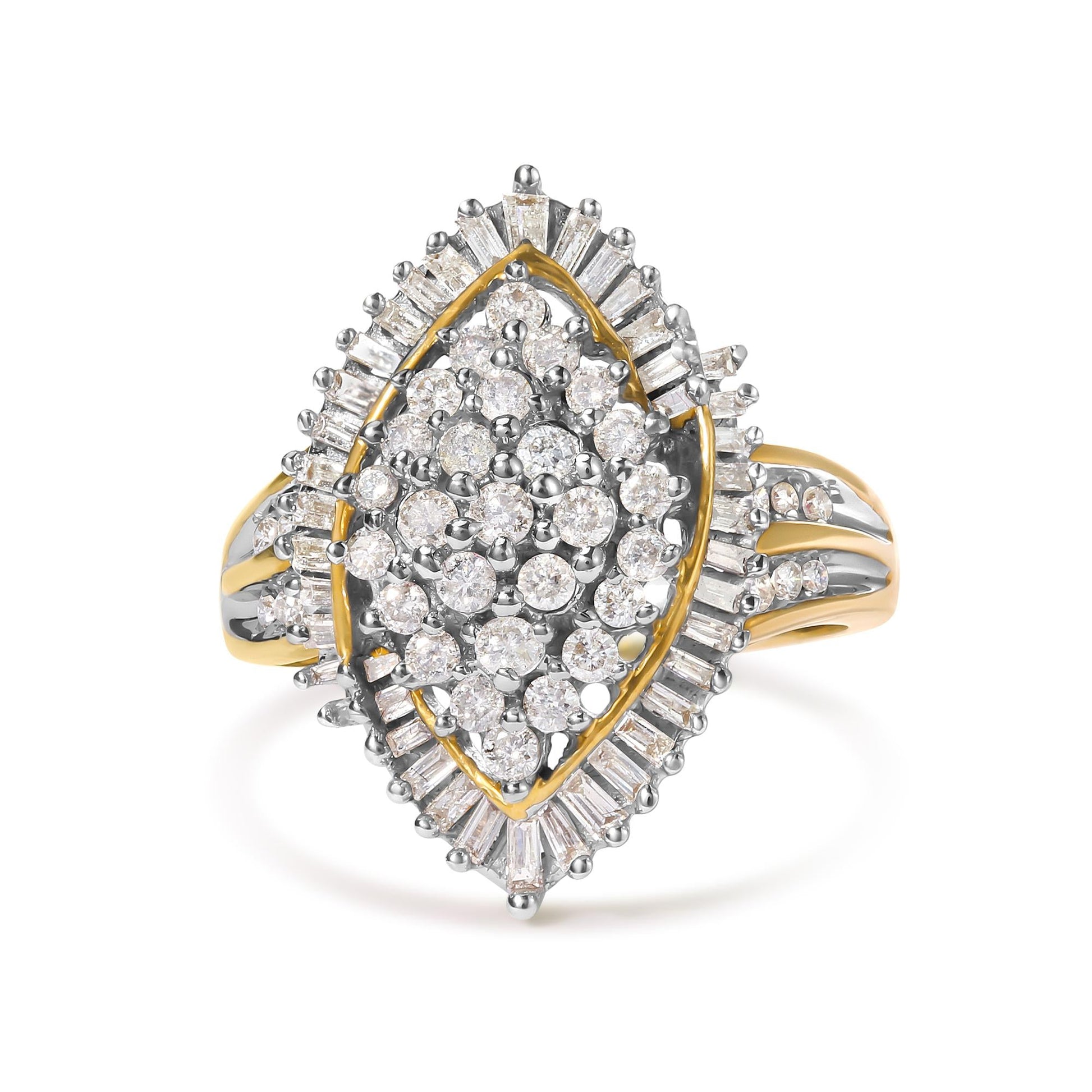 10K Yellow Gold 1.0 Cttw Round and Baguette-Cut Diamond Cluster Ring (I-J Color, SI2-I1 Clarity)-0