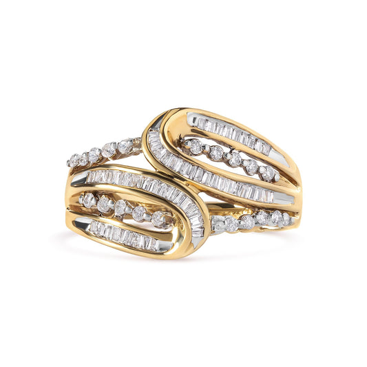 10K Yellow Gold 1/2 Cttw Round and Baguette cut Diamond Open Space Bypass Ring (H-I Color, SI2-I1 Clarity)-0