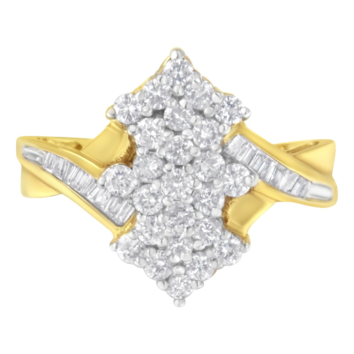 10K Yellow Gold Round And Baguette Cut Diamond Cluster Ring (1 1/10 Cttw, H-I Color, SI2-I1 Clarity)-0