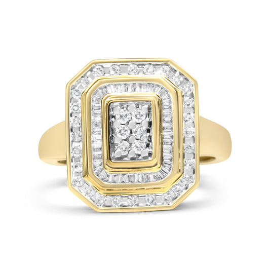 10K Yellow Gold 1.0 Cttw Diamond Vintage Inspired Baguette-Cut Double Halo Emerald-Shaped Frame Cocktail Ring (I-J Color, I1-I2 Clarity)-0