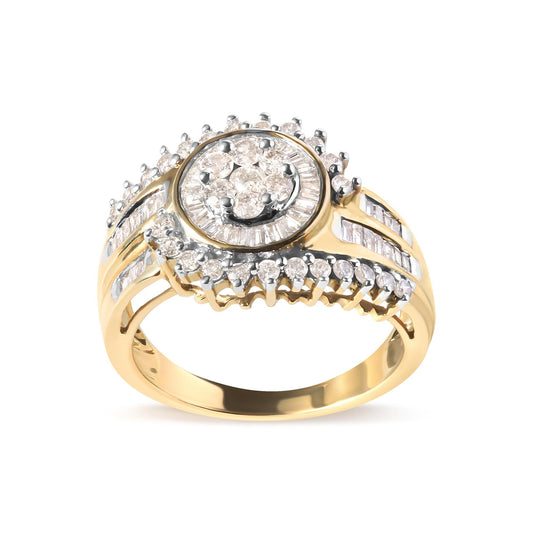 10K Yellow Gold 1 Cttw Round and Baguette cut Diamond Cluster Swirl Band Ring (H-I Color, I1-I2 Clarity)-0