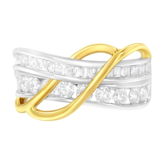 10K White and Yellow Gold 1 1/10 cttw Channel-Set Diamond Bypass Band Ring (J Color, I3 Clarity)