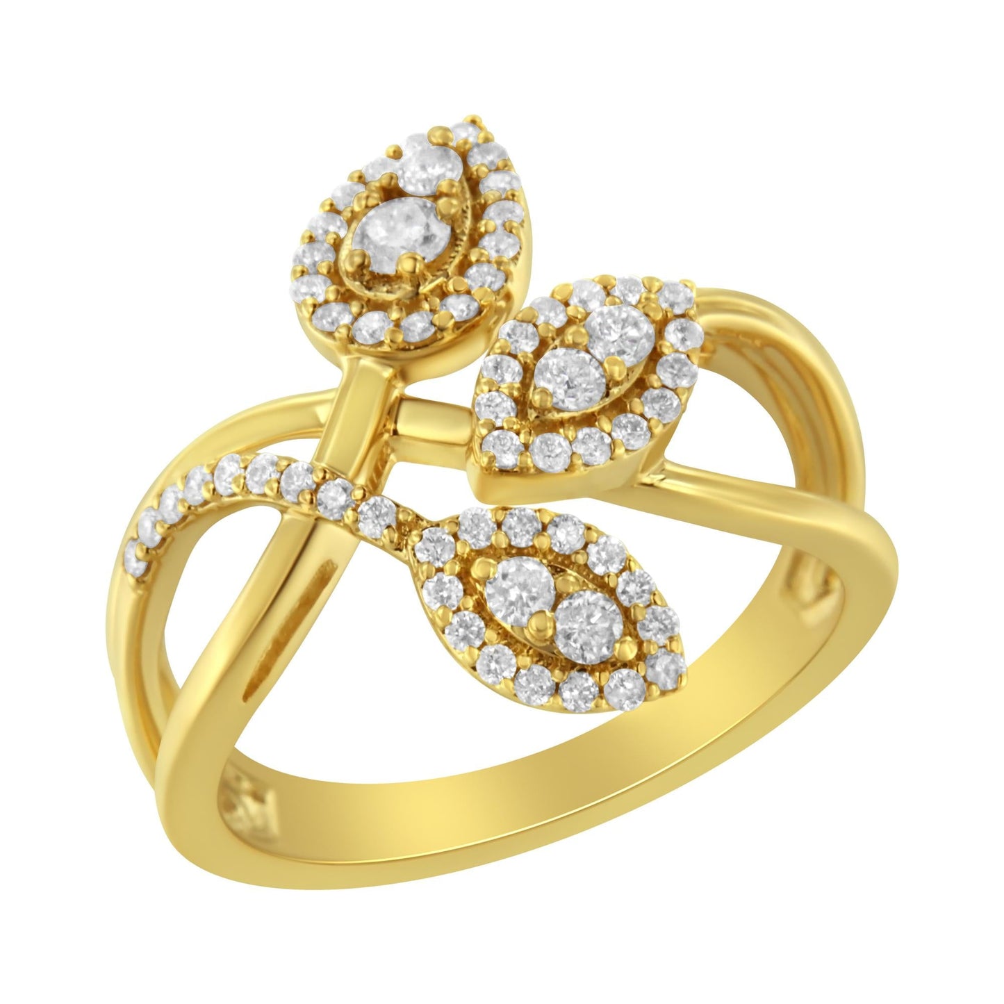 10K Yellow Gold 1/2 Cttw Round-Cut Diamond Layered Crossover Triple Leaf Bypass Ring (I-J Color, I1-I2 Clarity)-0