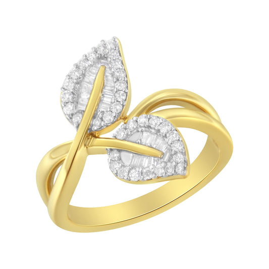 10K Yellow Gold 3/8 Cttw Round and Baguette-Cut Diamond Leaf Cocktail Ring (I-J Color, I1-I2 Clarity)-0