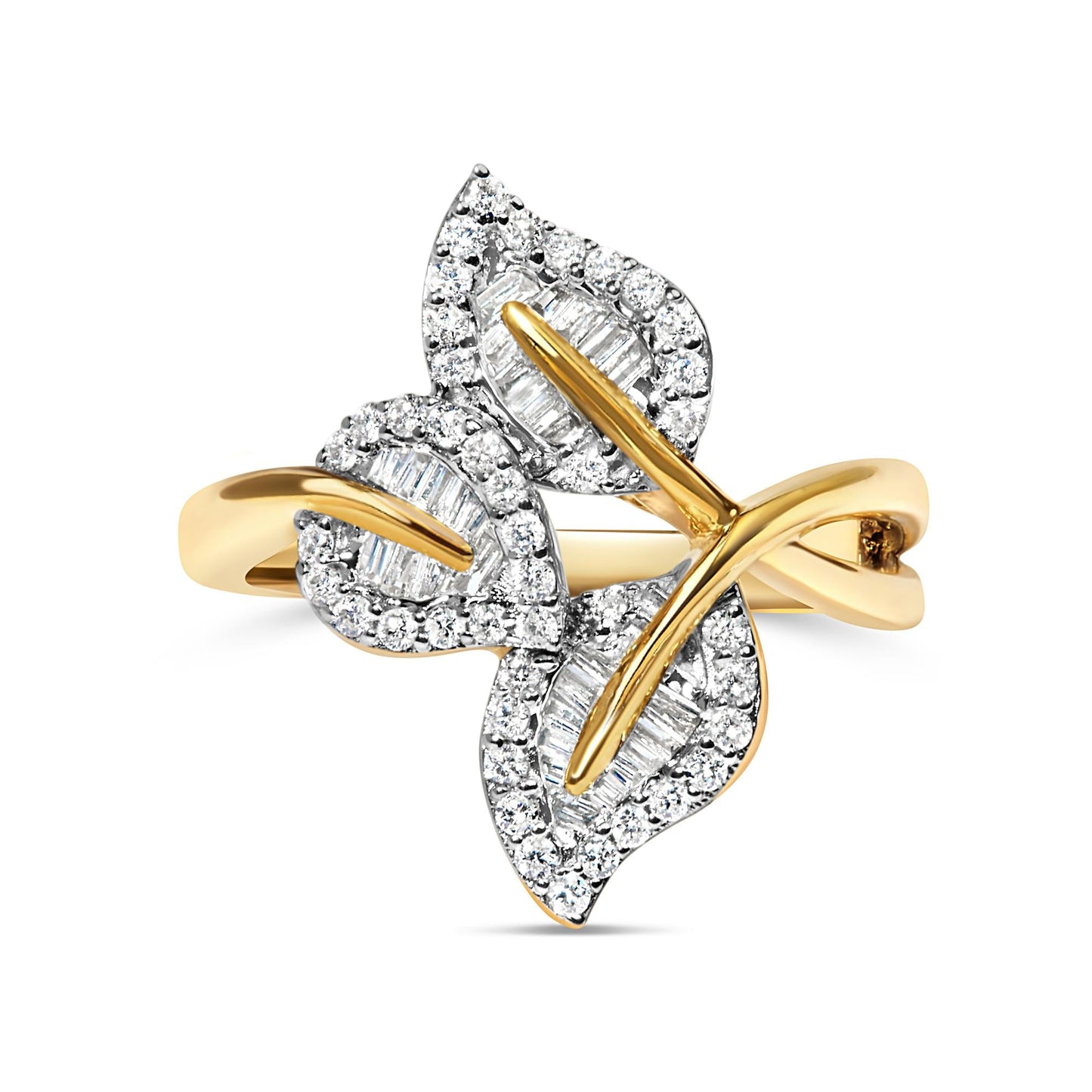 18K Yellow Gold Plated .925 Sterling Silver 1/2 Cttw Baguette and Round Diamond Bypass Triple Leaf Ring (I-J Color, I1-I2 Clarity)-0