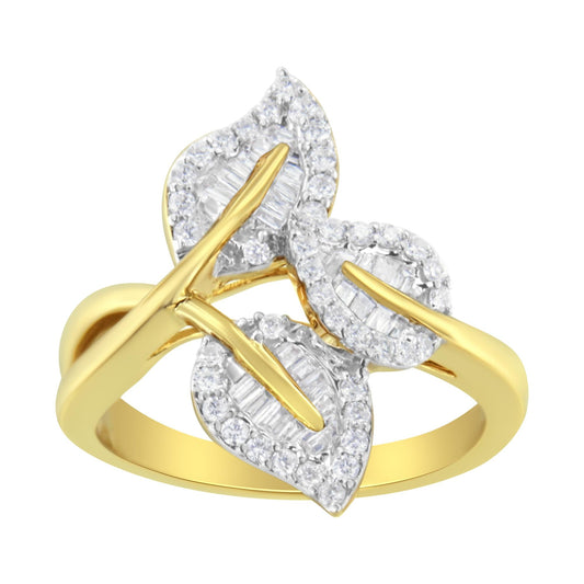 10k Yellow and White Gold 1/2 Cttw Baguette and Round Diamond Bypass Triple Leaf Ring (I-J Color, I1-I2 Clarity)-0