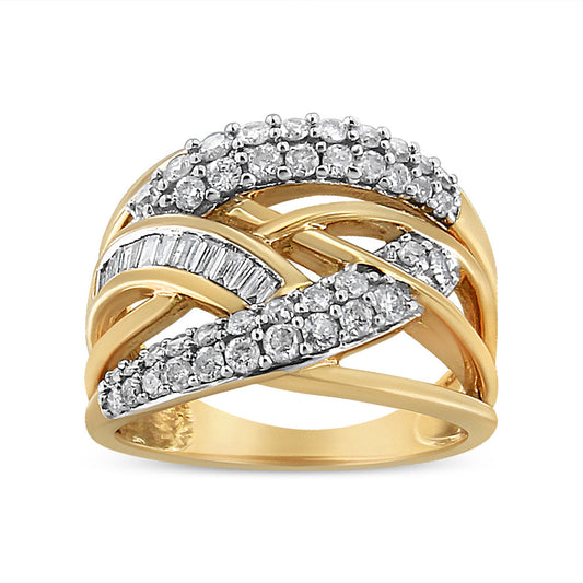 10K Yellow and White Gold 1.0 Cttw Round and Baguette-Cut Diamond Multirow Interwoven Cocktail Ring (I-J Color, I2-I3 Quality)