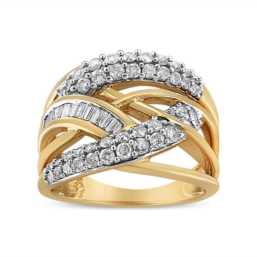 10K Yellow and White Gold 1.0 Cttw Round and Baguette-Cut Diamond Multirow Interwoven Cocktail Ring (I-J Color, I2-I3 Quality)-0