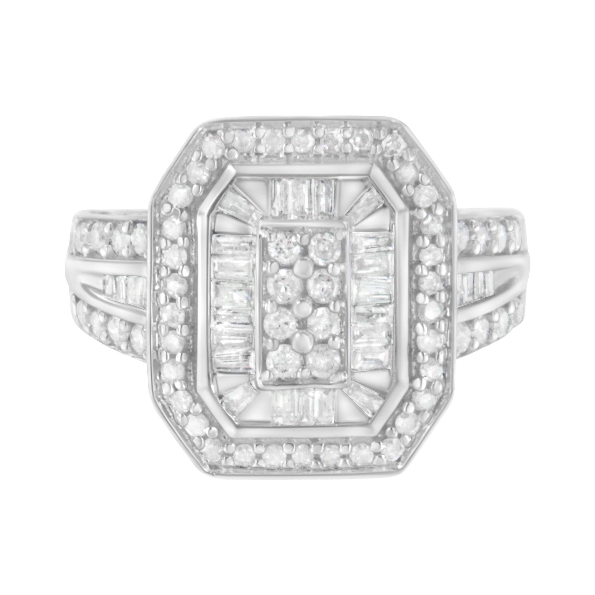 .925 Sterling Silver Round and Baguette Diamond Cathedral Ring (0.75 Cttw, H-I Color, I2-I3 Clarity)-0