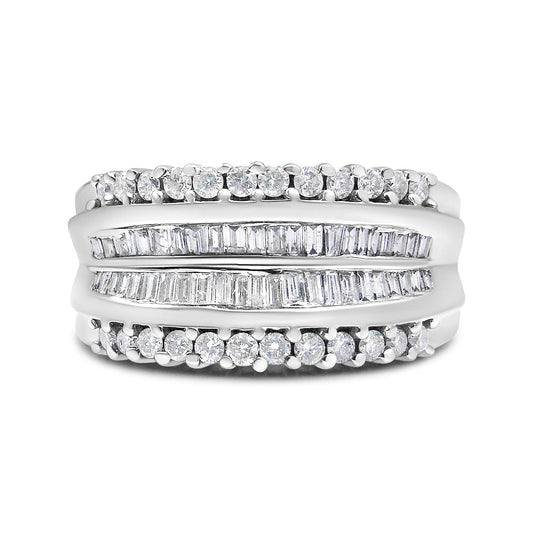 14K White Gold 1.00 Cttw Round and Baguette-Cut Diamond Modern Band Ring (H-I Color, SI2-I1 Clarity)-0