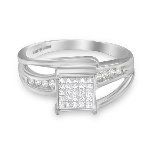 10K White Gold 1/3 Cttw Invisible Set Princess-cut Diamond Cluster Bypass Ring (H-I Color, SI1-SI2 Clarity)-0