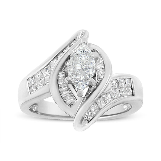 14K White Gold 1 1/4 Cttw Pie, Baguette and Princess cut Diamond Marquise Shape Engagement Cocktail Ring (H-I Color, SI2-I1 Clarity)-0