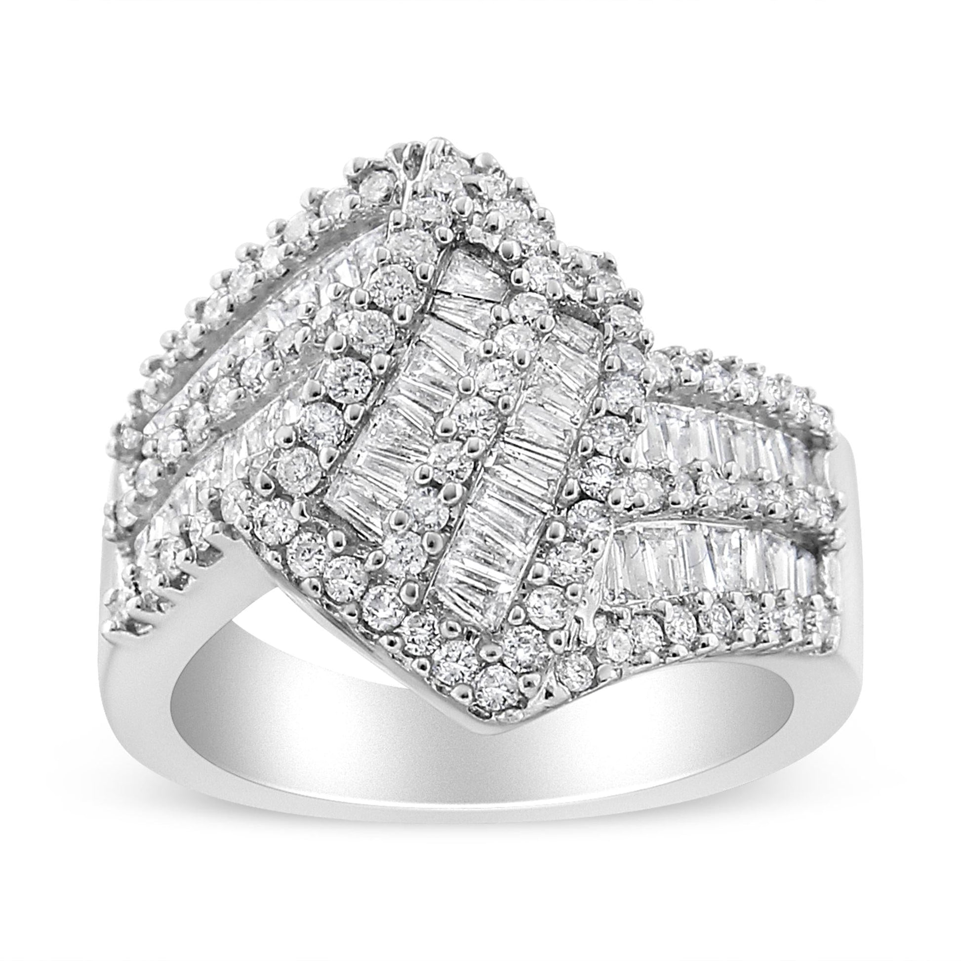 14K White Gold 1-1/2 Cttw Round and Baguette Diamond Bypass Cocktail Ring Band (H-I Color, SI1-SI2 Clarity)-0