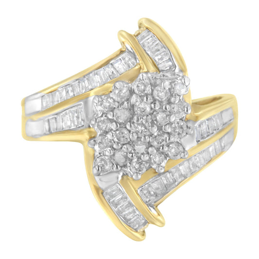 10K Yellow Gold Round and Baguette-Cut Diamond Bypass Cluster Ring (1.0 Cttw, I-J Color, I1-I2 Clarity)-0