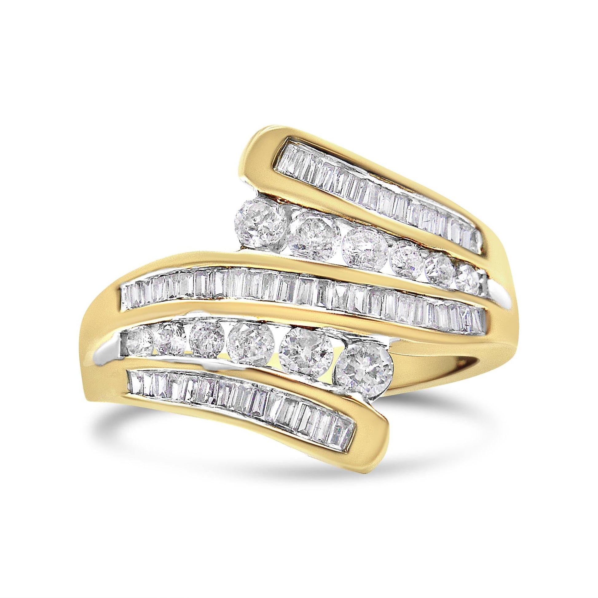 10K Yellow Gold 1 Cttw Round and Baguette-Cut Diamond Multi Row Bypass Ring Band (H-I Color, I1-I2 Clarity)-0