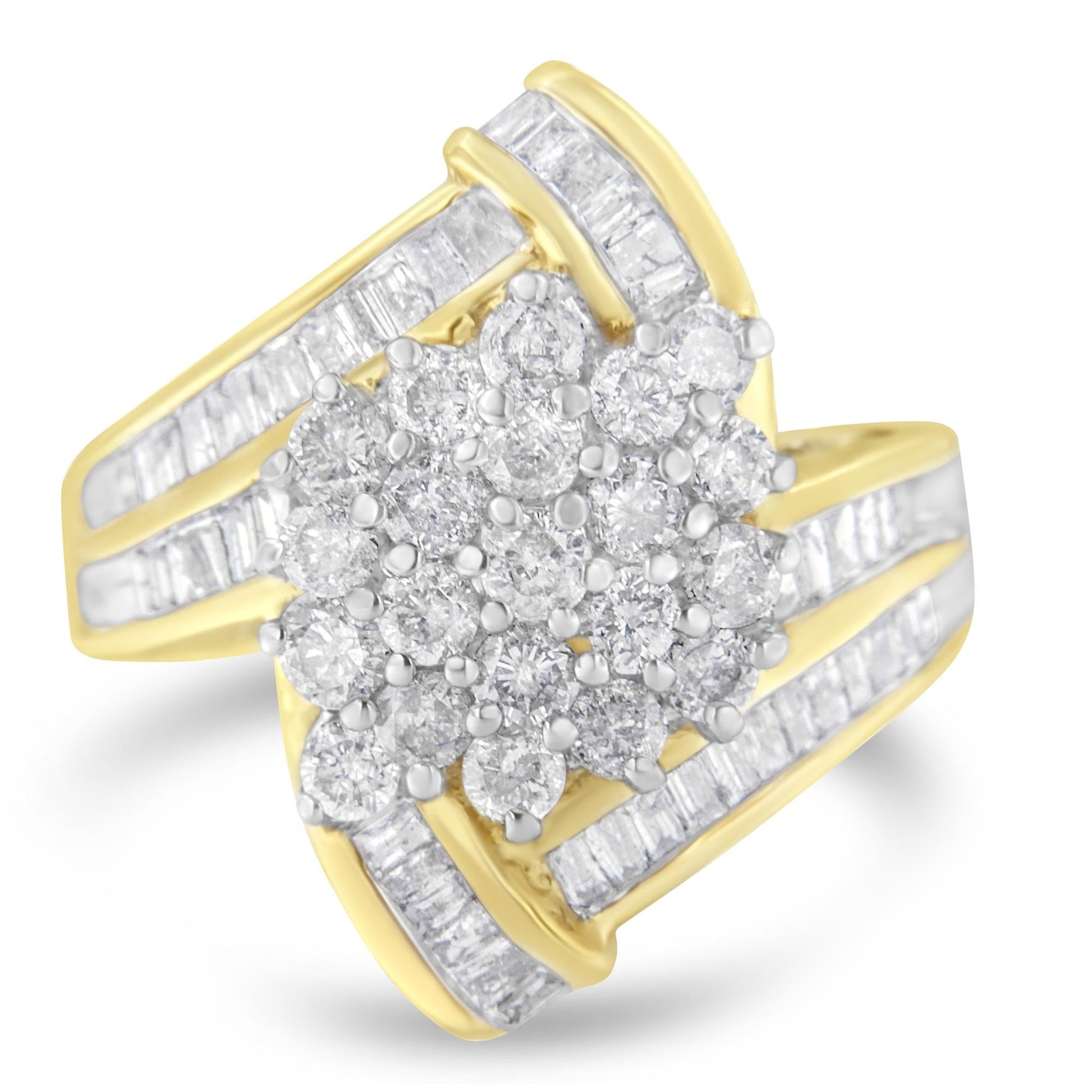 10K Yellow Gold Round and Baguette Diamond Crossover Cluster Ring (3 Cttw, I-J Color, I1-I2 Clarity)-0