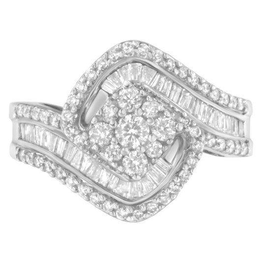 14K White Gold 1.0 Cttw Baguette & Brilliant-Cut Diamond Round Floral Cluster Engagement or Fashion Ring with Swirl Wrapped Triple Row Band (H-I Color, SI2-I1 Clarity)-0