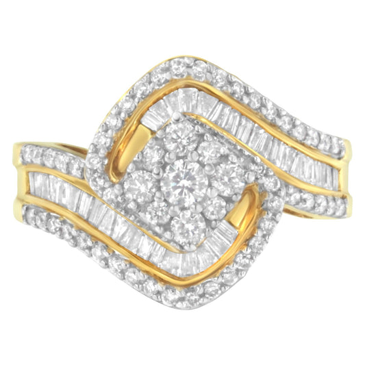 14K Yellow Gold 1.0 Cttw Baguette & Brilliant-Cut Diamond Round Floral Cluster Engagement or Fashion Ring with Swirl Wrapped Triple Row Band (H-I Color, SI2-I1 Clarity)-0