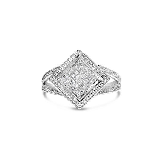 .925 Sterling Silver 1/3 Cttw Invisible Set Princess-Cut Diamond Rhombus and Beaded Halo Ring (H-I Color, SI1-SI2 Clarity)-0