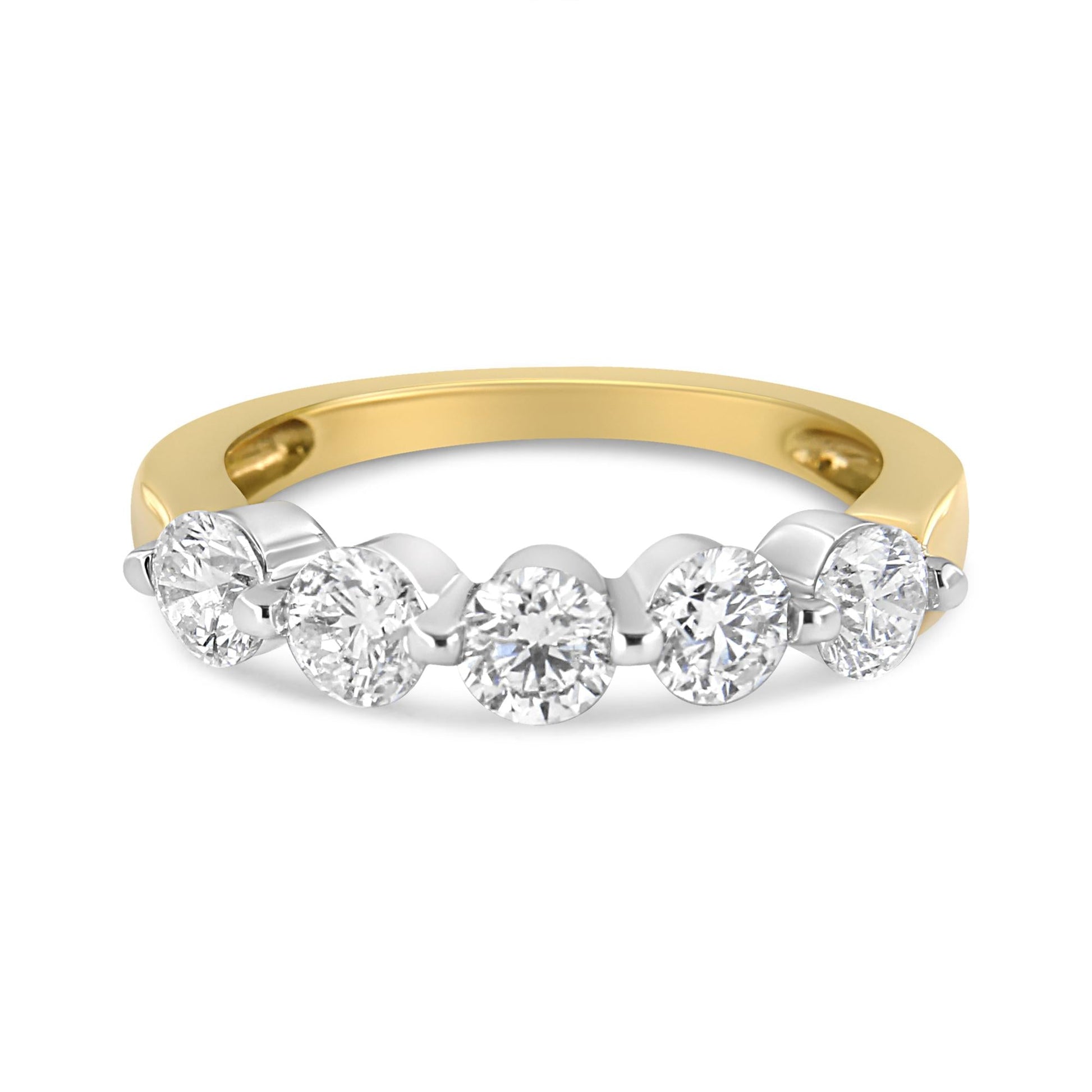 14K White and Yellow Gold 1 1/2 Cttw 2 Prong Cup Set Round-Cut Diamond 5 Stone Ring Band (H-I Color, SI2-I1 Clarity)-0