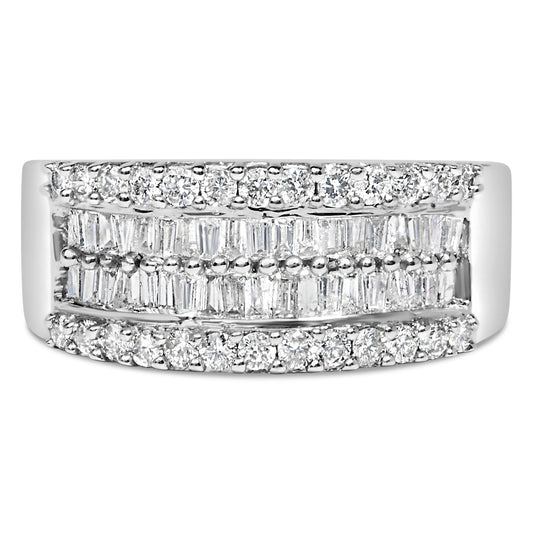 14K White Gold 1.0 Cttw 4 Row Round Baguette Diamond Band Ring (H-I Color, SI1-SI2 Clarity) - Ring Size 7-0