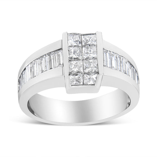 14K White Gold 2 3/4 Cttw Invisible-Set Princess and Channel-Set Baguette Diamond Step Up Cocktail Ring (G-H Color, SI1-SI2 Clarity)