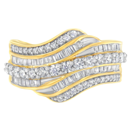 10K Yellow Gold 1.0 Cttw Baguette and Round Diamond Multi-Row Wave Bypass Ring (I-J Color, I1-I2 Clarity)-0