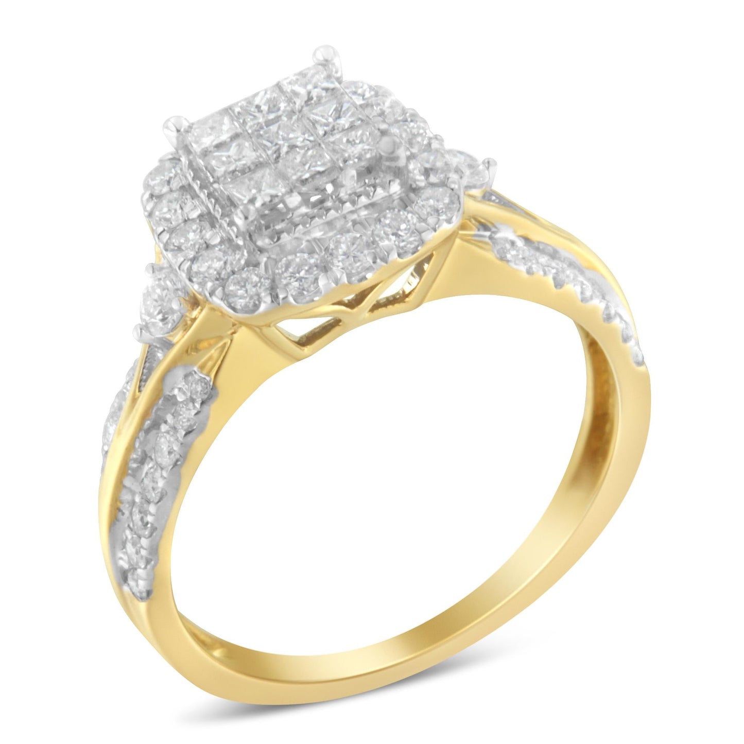 10K Yellow Gold 1.0 Cttw Diamond Composite Cushion-Shape Halo 3-Band-Look Engagement Ring (H-I Color, SI1-SI2 Clarity)-0