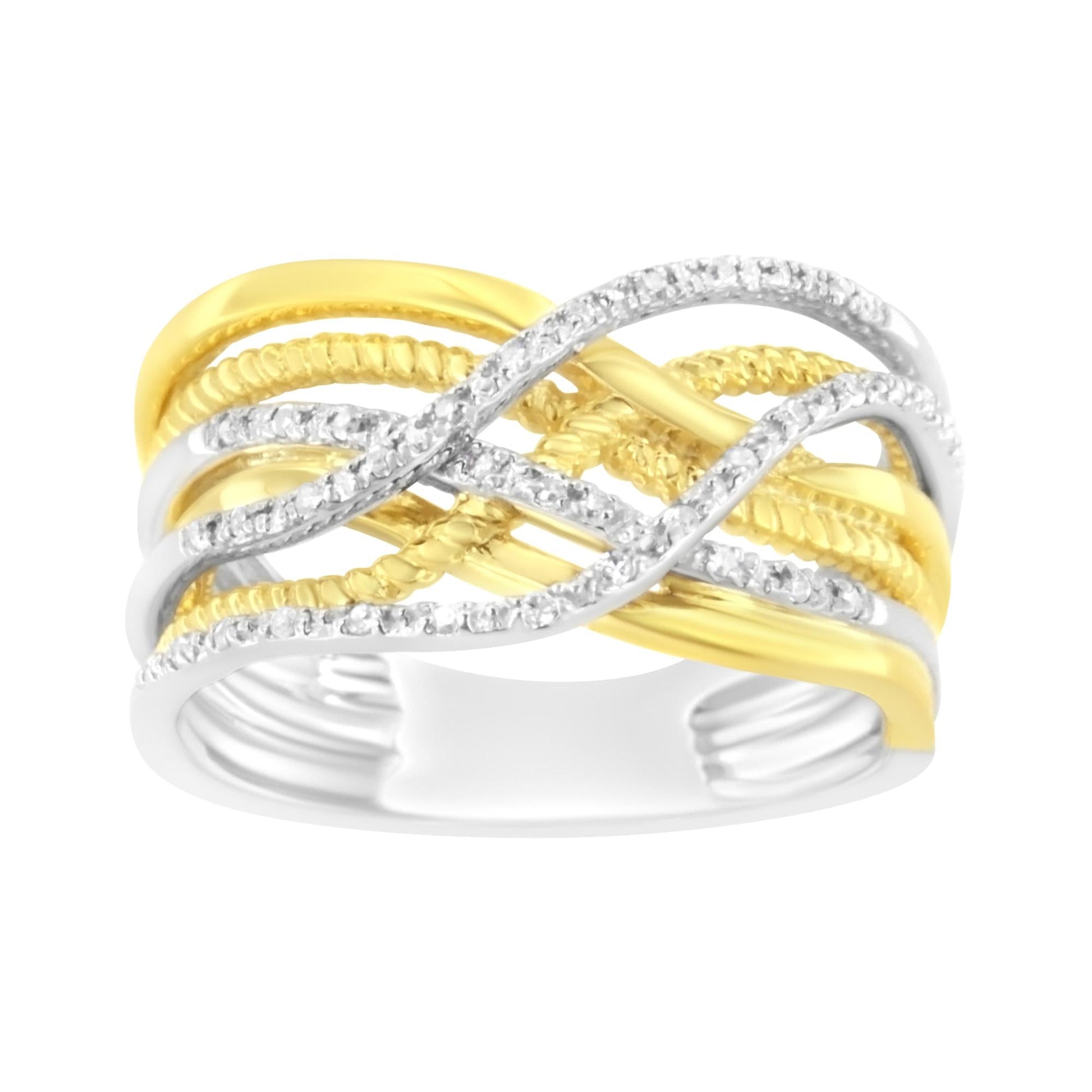 10K Yellow Gold Plated .925 Sterling Silver 1/10 Cttw Diamond Multi Row Crossover Ring Band (I-J Color, I1-I2 Clarity)-0