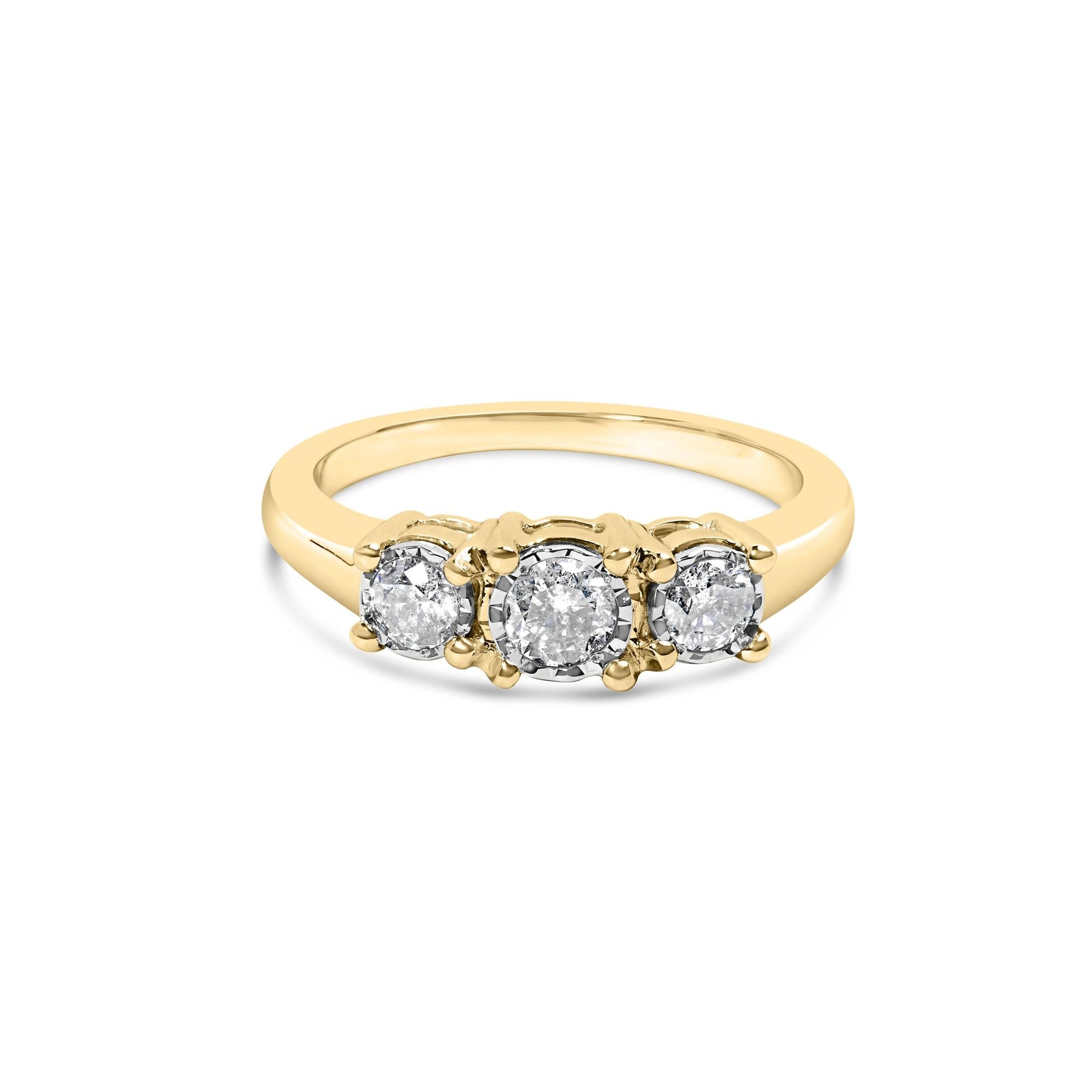 10K Yellow Gold 1/2 Cttw Miracle Set Round Diamond Three Stone Illusion Plate Ring (I-J Color, I2-I3 Clarity)-0