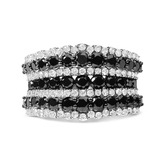 .925 Sterling Silver 1 3/4 Cttw Treated Black and White Alternating Diamond Multi Row Band Ring (Black / I-J Color, I2-I3 Clarity)