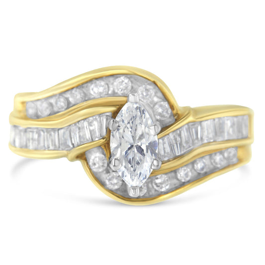 14KT Two-Toned Gold Marquise, Baguette and Round Cut Diamond Bypass Ring (1 cttw, H-I Color, SI1-SI2 Clarity) ()-0