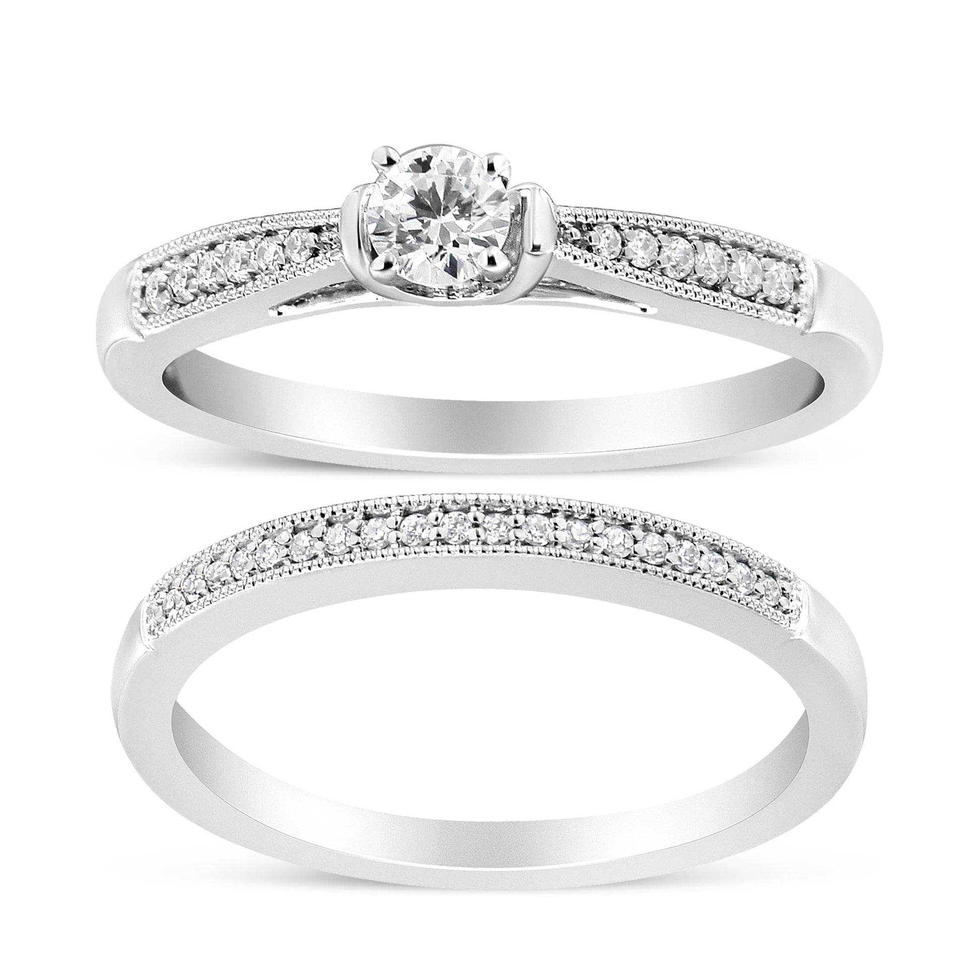 .925 Sterling Silver 1/3 Cttw Diamond Classic Engagement Ring Bridal Set with Milgrain (I-J Color, I3 Clarity)-0