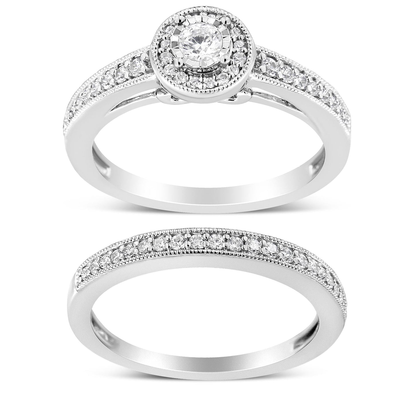 .925 Sterling Silver 1/2 Ctw Diamond Halo and Milgrain Engagement Ring Bridal Set (I-J Color, I3 Clarity)-0