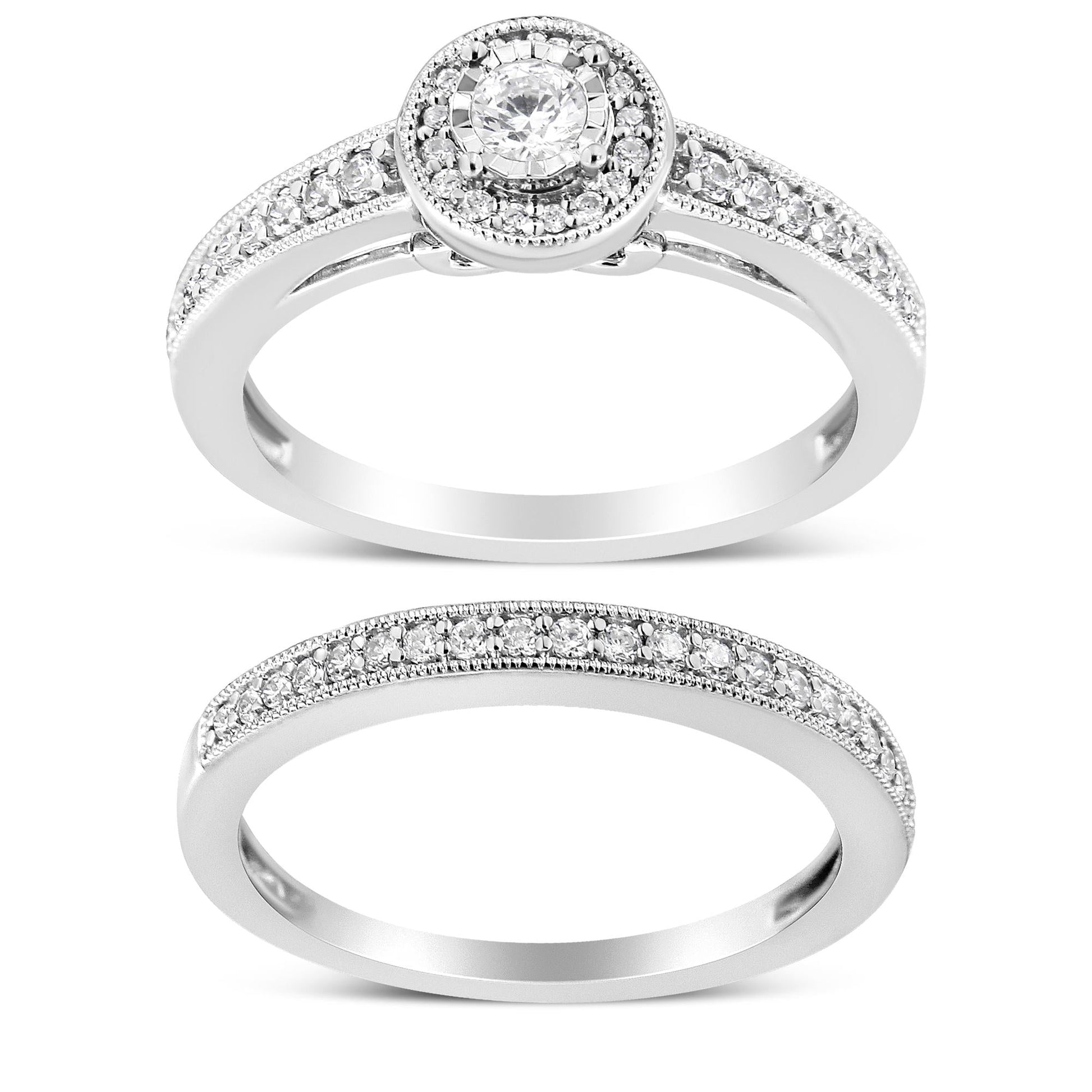 .925 Sterling Silver 1/2 Ctw Diamond Halo and Milgrain Engagement Ring Bridal Set (I-J Color, I3 Clarity)-0