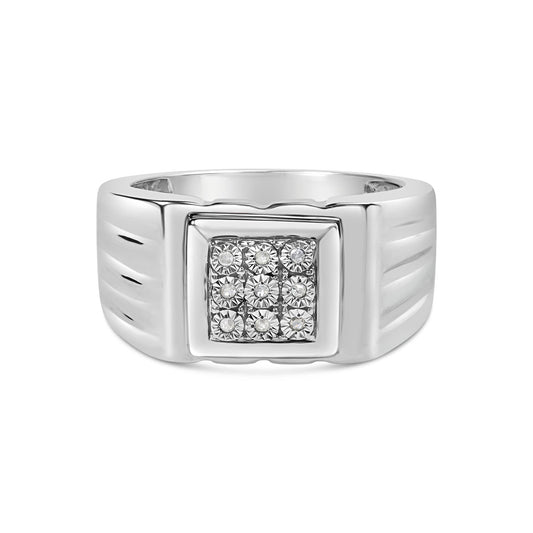 .925 Sterling Silver Diamond Accent Miracle-Set 9 Stone Ridged Band Gentlemen's Fashion Ring (I-J Color, I3 Clarity) - Size 10-0