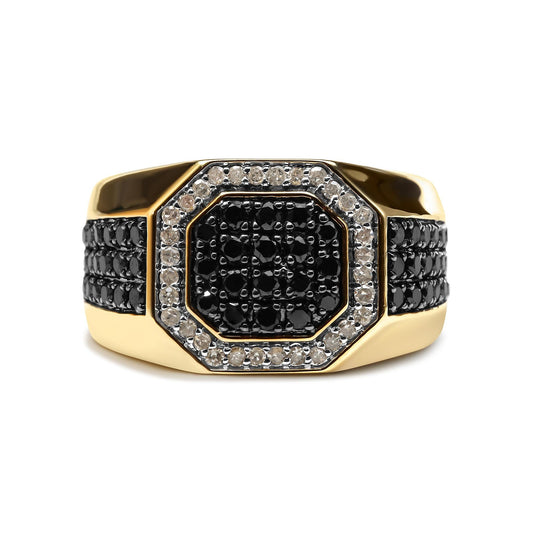 Men's 10K Yellow Gold 1 1/4 Cttw White and Treated Black Diamond Octagonal Halo Band Ring (I-J Color, I2-I3 Clarity)-0