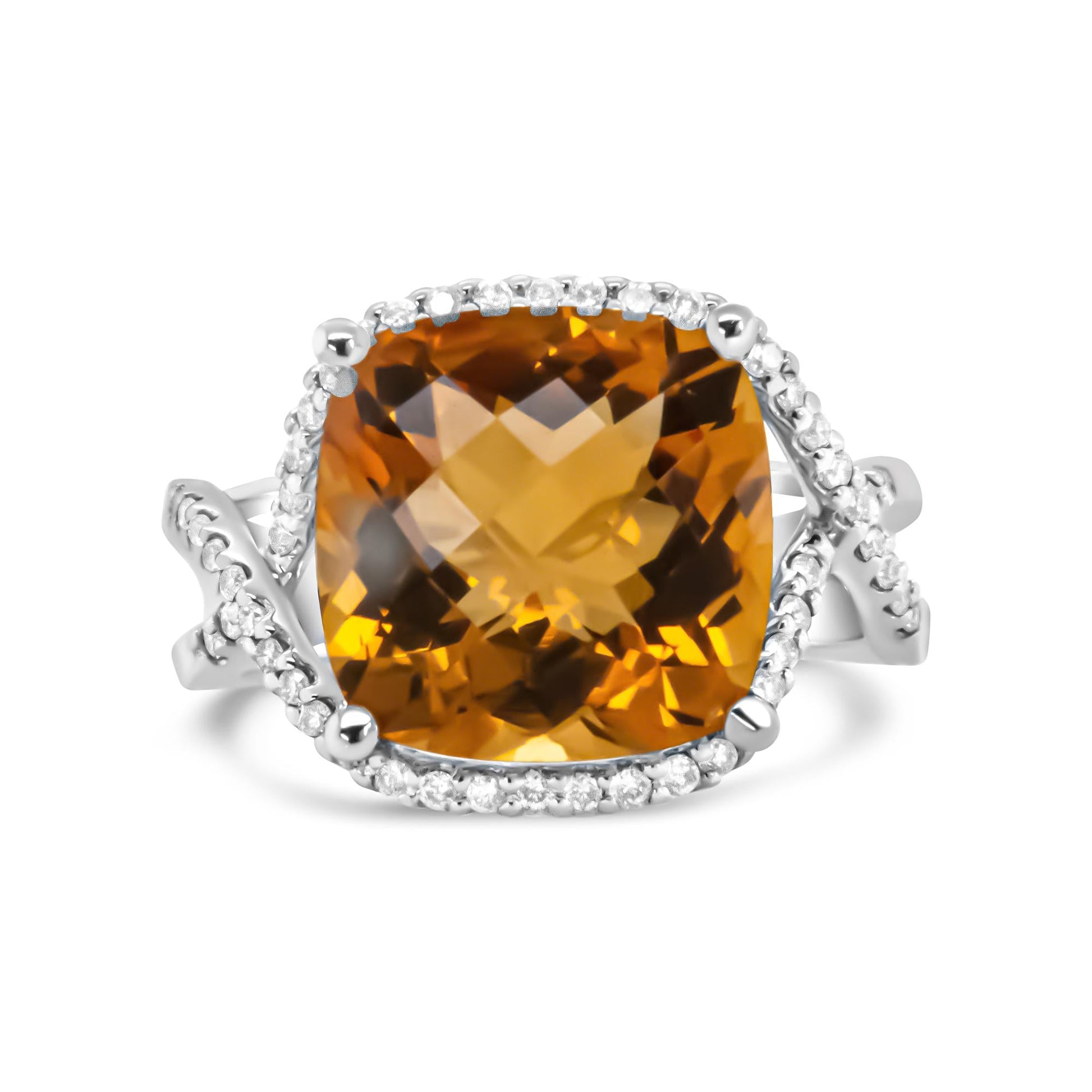 14K White Gold 12mm Cushion Cut Yellow Citrine Gemstone and 1/3 Cttw Round Pave-Set Diamond Ring - (H-I Color, VS1-VS2 Clarity)-0