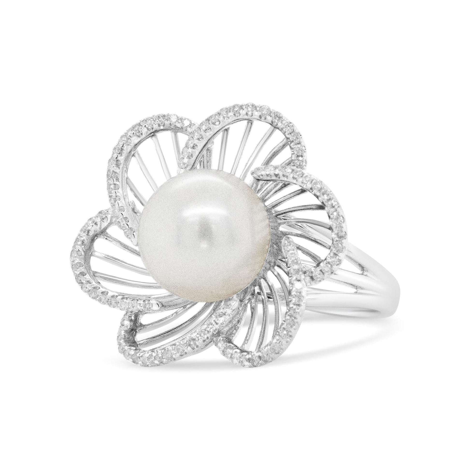 14K White Gold 11mm Round Pearl and 1/3 Cttw Round Diamond Openwork Flower Blossom Ring (H-I Color, VS1-VS2 Clarity)-0